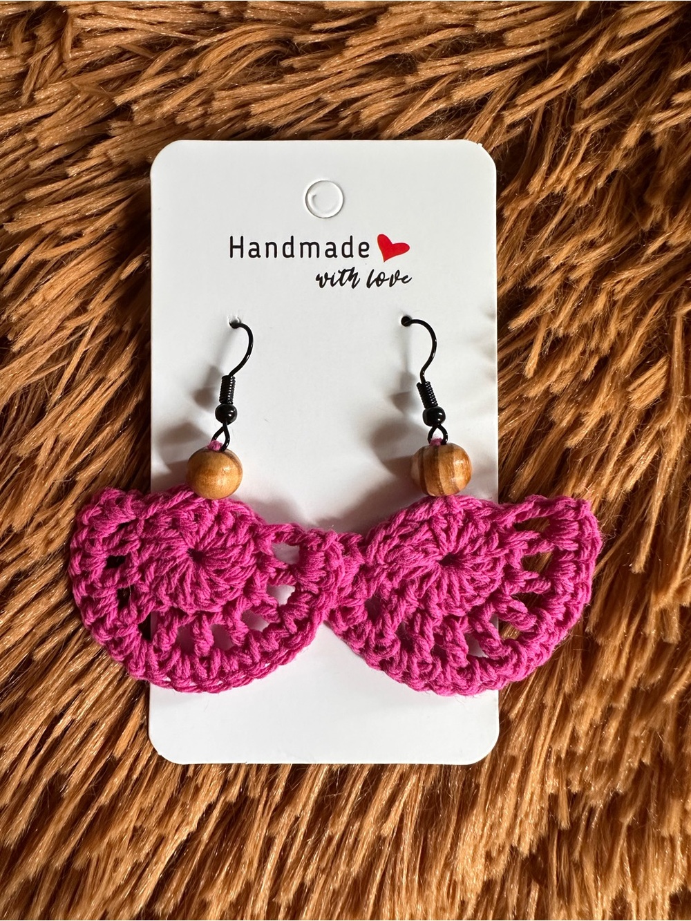 Handmade Pink Crochet Fan Earrings with Wood Bead